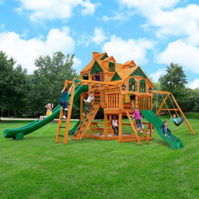 Gorilla Playsets Empire Wooden Swing Set with Monkey Bars, Multiple Decks, and Playset Slides, 01-0089-AP
