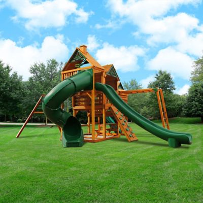 Image showing  Empire Wooden Swing Set with Monkey Bars, Multiple Decks, and Playset Slides, 01-0089-AP