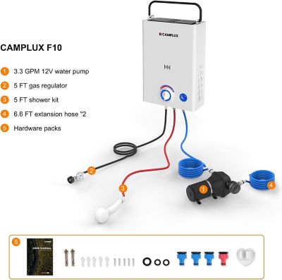 Image showing  CAMPLUX 2.64 GPM 68,000 BTU Outdoor Propane Tankless Water Heater with 3.3 GPM Water Pump Set
