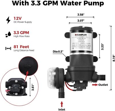 Image showing  CAMPLUX 2.64 GPM 68,000 BTU Outdoor Propane Tankless Water Heater with 3.3 GPM Water Pump Set