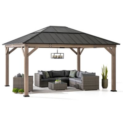 Sunjoy Hardtop Gazebo 13 x 15 ft. Cedar Framed Wood Gazebo with Steel and Polycarbonate Hip Roof