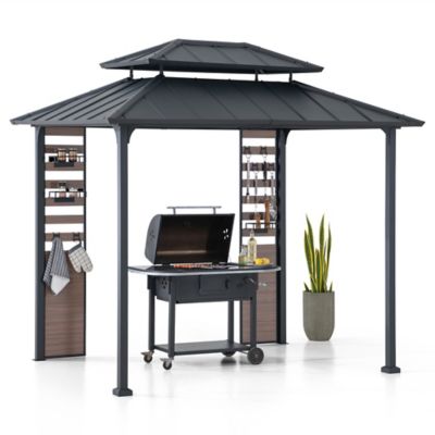 Sunjoy 7 x 9 ft. Grill Gazebo, Pergola with Ceiling Hooks and Storage Shelves, Matte Black