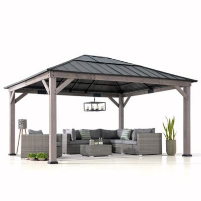 Sunjoy Hardtop Gazebo 13 x 15 ft. Cedar Framed Wood Gazebo with Black Steel and Polycarbonate Hip Roof and Ceiling Hook