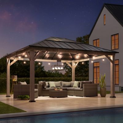 Image showing  Hardtop Gazebo 13 x 15 ft. Cedar Framed Wood Gazebo with Black Steel and Polycarbonate Hip Roof and Ceiling Hook