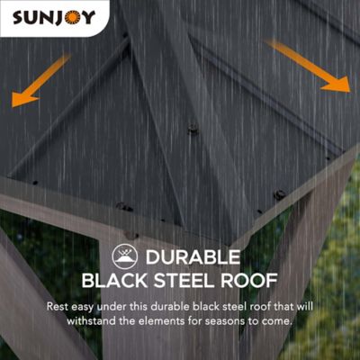 Image showing 5 th Sunjoy Hardtop Gazebo 13 x 15 ft. Cedar Framed Wood Gazebo with Black Steel and Polycarbonate Hip Roof and Ceiling Hook