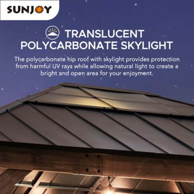 Image showing 6 th Sunjoy Hardtop Gazebo 13 x 15 ft. Cedar Framed Wood Gazebo with Black Steel and Polycarbonate Hip Roof and Ceiling Hook