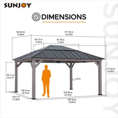 Image showing 8 th Sunjoy Hardtop Gazebo 13 x 15 ft. Cedar Framed Wood Gazebo with Black Steel and Polycarbonate Hip Roof and Ceiling Hook