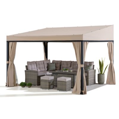 Sunjoy 10 x 12 ft Wall Mounted Gazebo, Lean to Gazebo,Black Aluminum & Metal Frame with Curtains and Netting