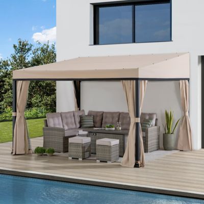 Image showing  10 x 12 ft. Wall Mounted Gazebo, Lean to Gazebo, Black Aluminum & Metal Frame with Curtains and Netting
