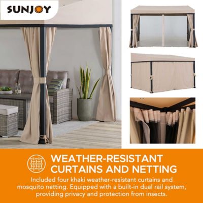 Image showing 6 th Sunjoy 10 x 12 ft. Wall Mounted Gazebo, Lean to Gazebo, Black Aluminum & Metal Frame with Curtains and Netting