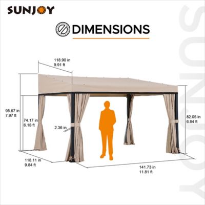 Image showing 7 th Sunjoy 10 x 12 ft. Wall Mounted Gazebo, Lean to Gazebo, Black Aluminum & Metal Frame with Curtains and Netting