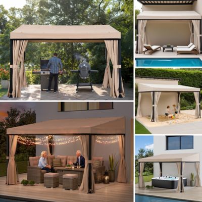 Image showing 9 th Sunjoy 10 x 12 ft. Wall Mounted Gazebo, Lean to Gazebo, Black Aluminum & Metal Frame with Curtains and Netting