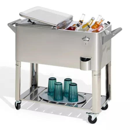 Sunjoy 80 QT Patio Cooler Cart Stainless Steel Rolling Ice Chest with Steel Bottle Opener Shelf and Locking Wheels Patio Coolers