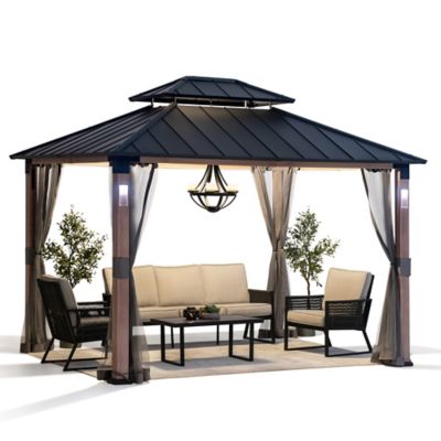 Sunjoy 10 ft. x 12 ft. Hardtop Gazebo with LED Lights, Battery Operated, Remote Control and Netting, Black