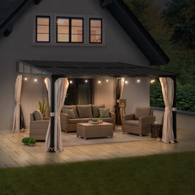 Image showing  12 x 14 ft. Wall Mounted Gazebo with Steel Roof, Black Aluminum & Metal Frame with Curtains and Netting