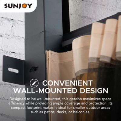 Image showing  12 x 14 ft. Wall Mounted Gazebo with Steel Roof, Black Aluminum & Metal Frame with Curtains and Netting