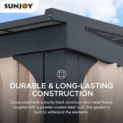 Image showing 5 th Sunjoy 12 x 14 ft. Wall Mounted Gazebo with Steel Roof, Black Aluminum & Metal Frame with Curtains and Netting