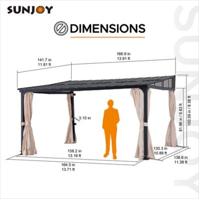 Image showing 7 th Sunjoy 12 x 14 ft. Wall Mounted Gazebo with Steel Roof, Black Aluminum & Metal Frame with Curtains and Netting