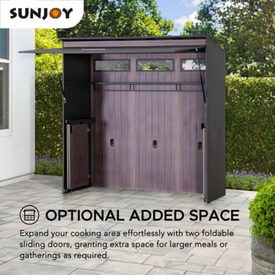 Image showing 7 th Sunjoy 3 ft. x 7 ft. Outdoor Kitchen Wood Grain Stylish Steel Outdoor Grill Kitchen with Easy-Lift Gas Springs and Mesh