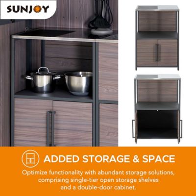 Image showing  Modular Kitchen Island Counter with Stainless-Steel Countertop, Open Storage Shelf and Cabinet