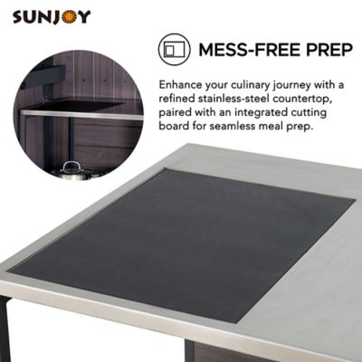 Image showing  Modular Kitchen Island Counter with Stainless-Steel Countertop, Open Storage Shelf and Cabinet