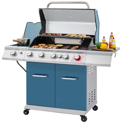 Royal Gourmet 5-Burner Propane Gas Grill with Cabinet, Blue, With Sear, Rear and Side Burner