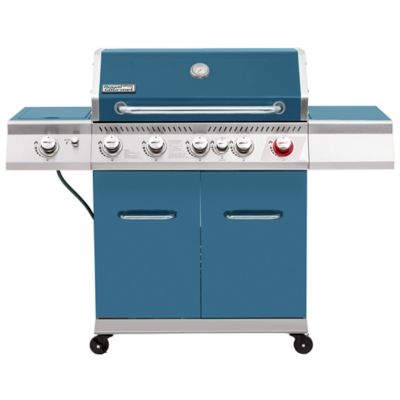 Image showing  5-Burner Propane Gas Grill with Cabinet, Blue, With Sear, Rear and Side Burner