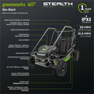 Image showing 6 th Greenworks 60V Stealth Battery-Powered Electric Youth 2-Seater Go-Kart, BATTERIES & CHARGER NOT INCLUDED