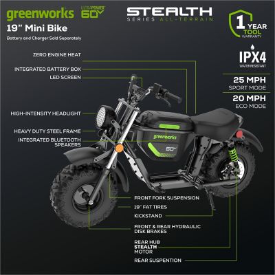 Image showing 7 th Greenworks 60V STEALTH Battery-Powered Electric Mini Bike, BATTERIES & CHARGER NOT INCLUDED