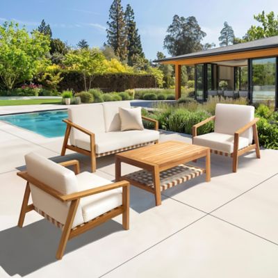 Kinger Home 4 pc. Deep Seating Teak Wood Outdoor Patio Conversation Set With Cushions