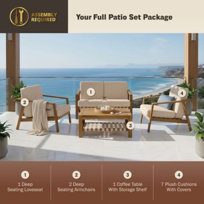 Image showing  4 pc. Deep Seating Teak Wood Outdoor Patio Conversation Set With Cushions