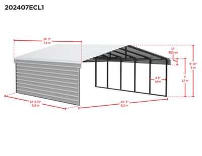 Image showing 3 th Arrow 20 x 24 x 7 ft. Charcoal Carport with 1 Sided Enclosure