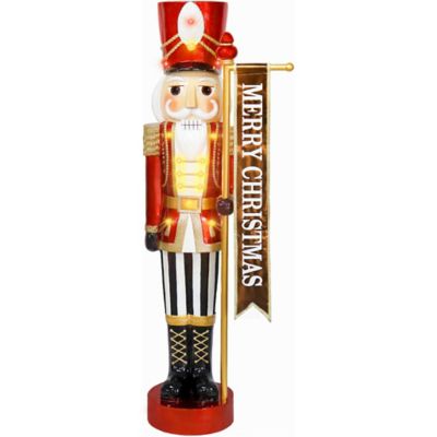 Fraser Hill Farm Metallic Nutcracker Holding Banner Statue with LED Lights