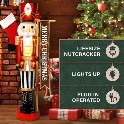 Image showing  Metallic Nutcracker Holding Banner Statue with LED Lights