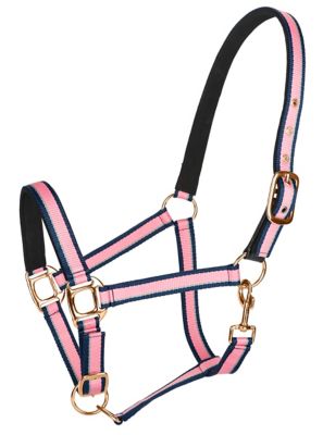 TuffRider Adjustable Nylon Breakaway Halter with Padded Crown and Rose Gold Hardware- Hot Pink/Navy/Gray