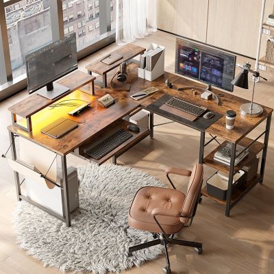 Bestier 59 in. L Shaped Corner Computer Desk with Storage Shelf, Monitor Stands, Side Pocket and Tray