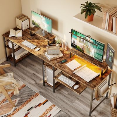 Image showing  59 in. L Shaped Corner Computer Desk with Storage Shelf, Monitor Stands, Side Pocket and Tray