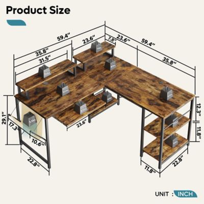 Image showing  59 in. L Shaped Corner Computer Desk with Storage Shelf, Monitor Stands, Side Pocket and Tray