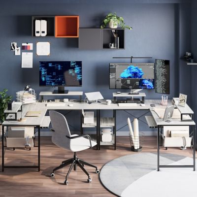 Image showing  59 in. L Shaped Corner Computer Desk with Storage Shelf, Monitor Stands, Side Pocket and Tray