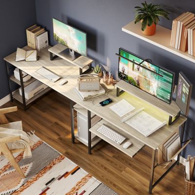 Image showing  59 in. L Shaped Corner Computer Desk with Storage Shelf, Monitor Stands, Side Pocket and Tray