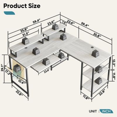 Image showing  59 in. L Shaped Corner Computer Desk with Storage Shelf, Monitor Stands, Side Pocket and Tray