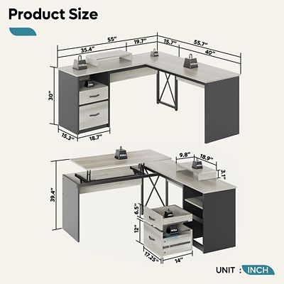 Image showing  L Shaped Desk with Drawers, Monitor Stand and Lift Top