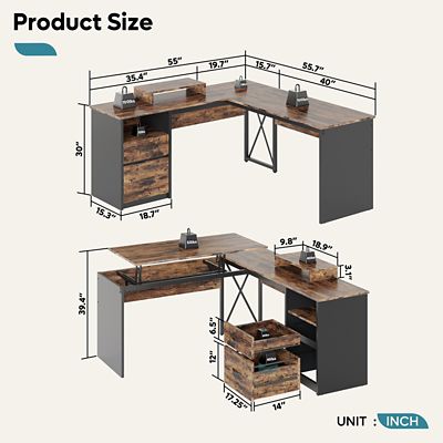 Image showing  L Shaped Desk with Drawers, Monitor Stand and Lift Top