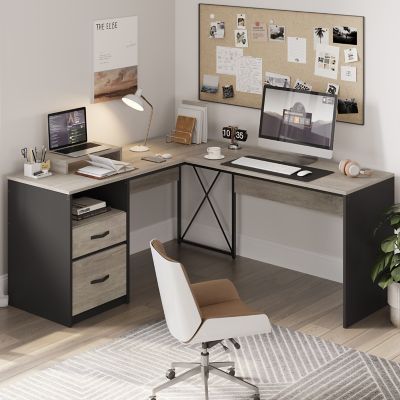 Bestier 56 in. L Shaped Computer Desk with Reversible Storage Drawers and Monitor Stand