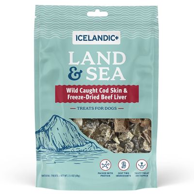 Icelandic+ Land & Sea: Wild Caught Cod Skin & Freeze Dried Beef Liver 2.4 oz. Bag