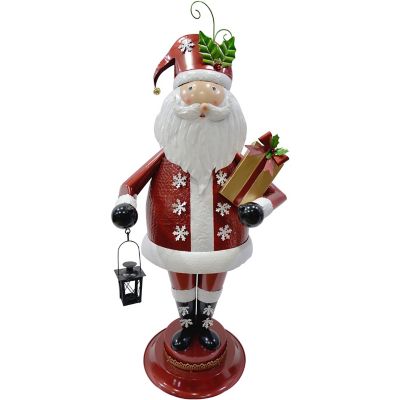 Fraser Hill Farm50 in. Iron Santa Claus Holding Gift and Lantern with Removable Lawn Stake