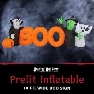 Haunted Hill Farm 10 ft. Wide Prelit Inflatable Boo Sign with Vampire, Ghost, and Witch