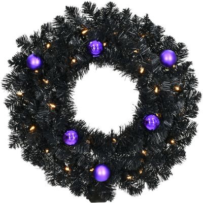 Haunted Hill Farm 24 in. Spooky Black Tinsel Wreath with Purple Ornaments and Warm White LED Lights