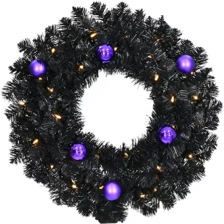 Haunted Hill Farm 24" Spooky Black Garland Wreath with Purple Ornaments and Warm White LED Lights Halloween Wreaths & Garlands