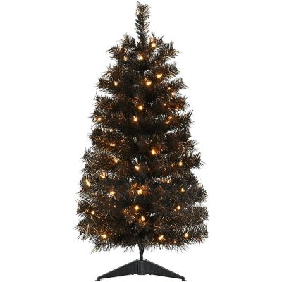 Haunted Hill Farm3-Ft. Spooky Black Tinsel Tree with Warm White LED Lights, Plug-In